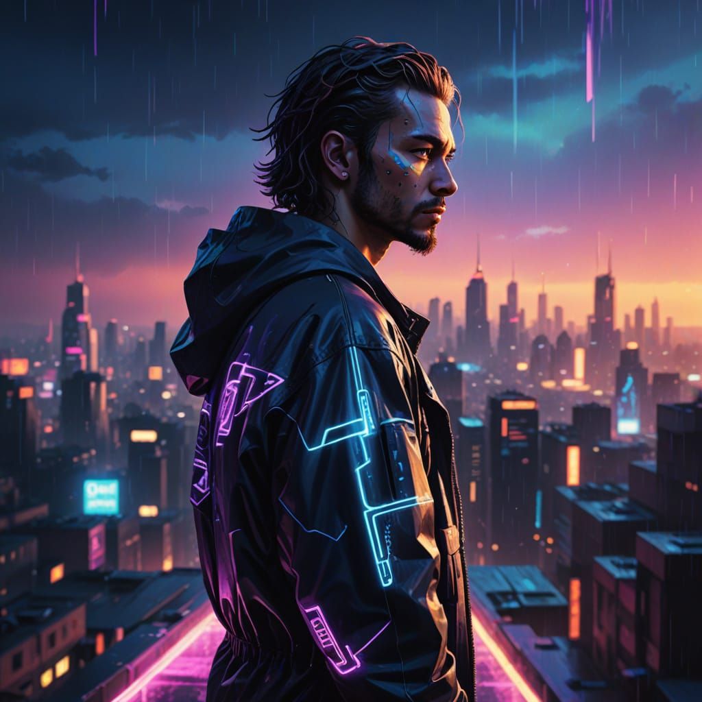 Cyberpunk Male in Neon-Lit Cityscape
