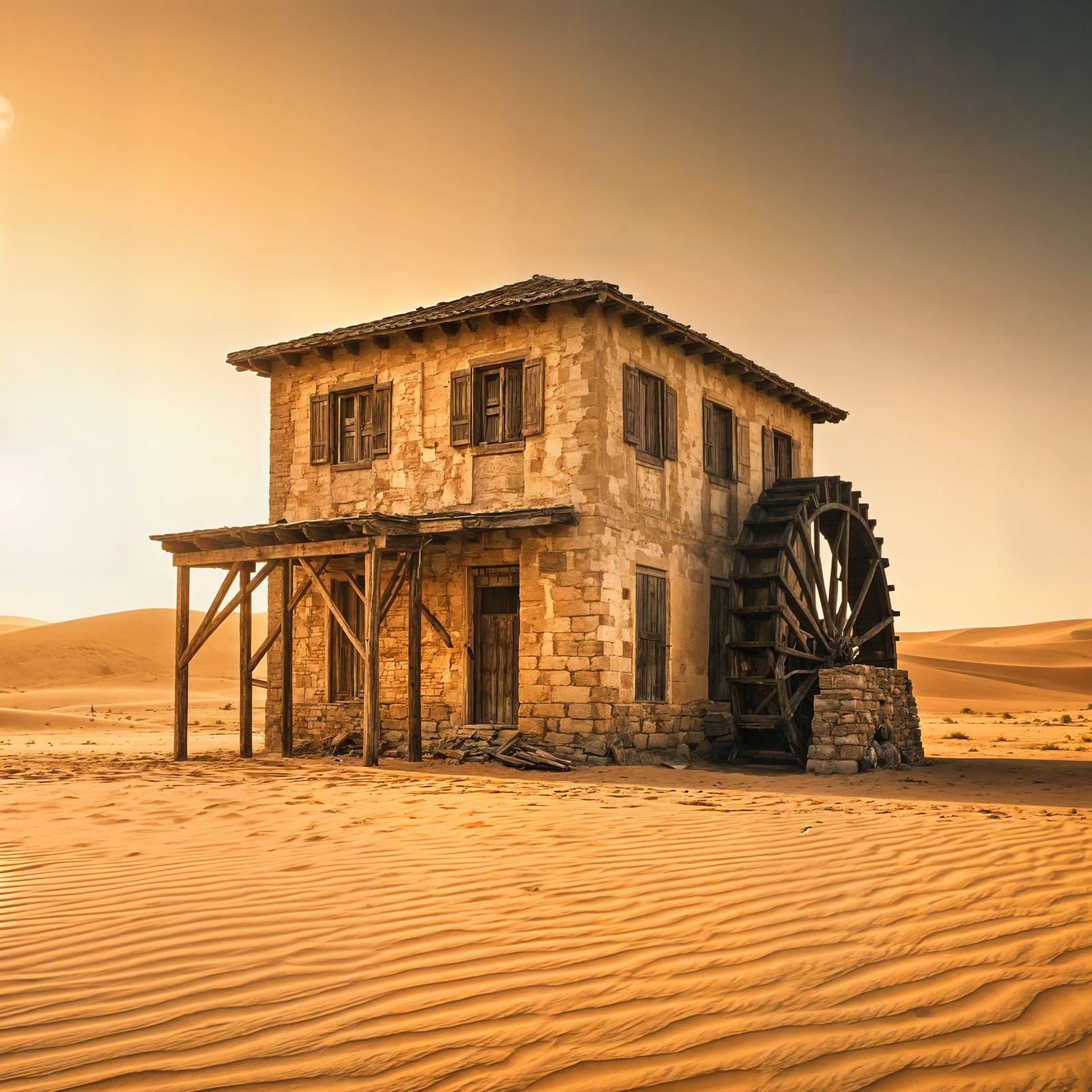 Abandoned Watermill in Arid Desert Landscape