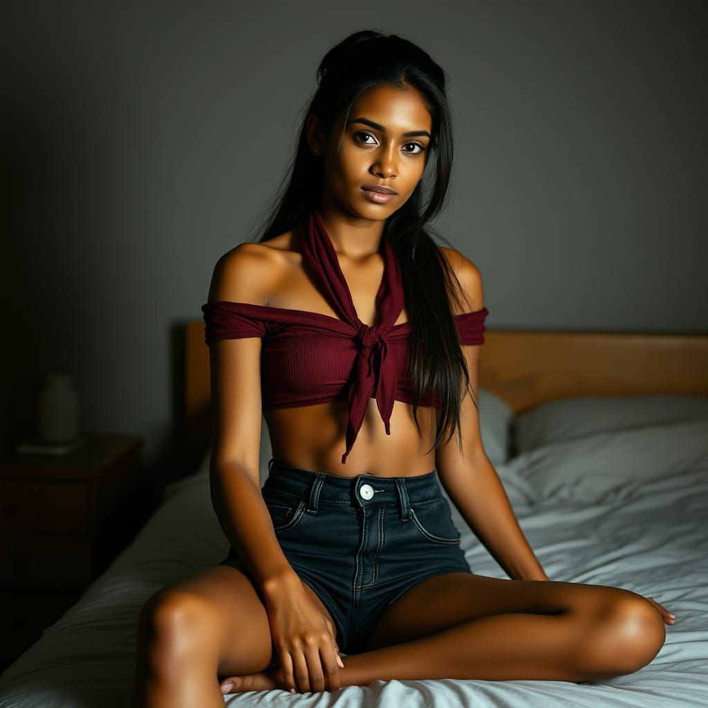 Sensual Indian Woman in Dimly Lit Room - Cyberpunk Aesthetic