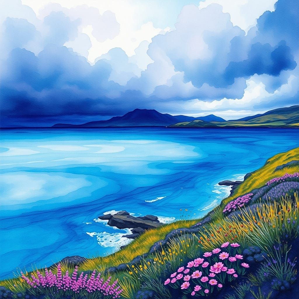 Isle of Skye Summer Landscape in Alcohol Ink Style