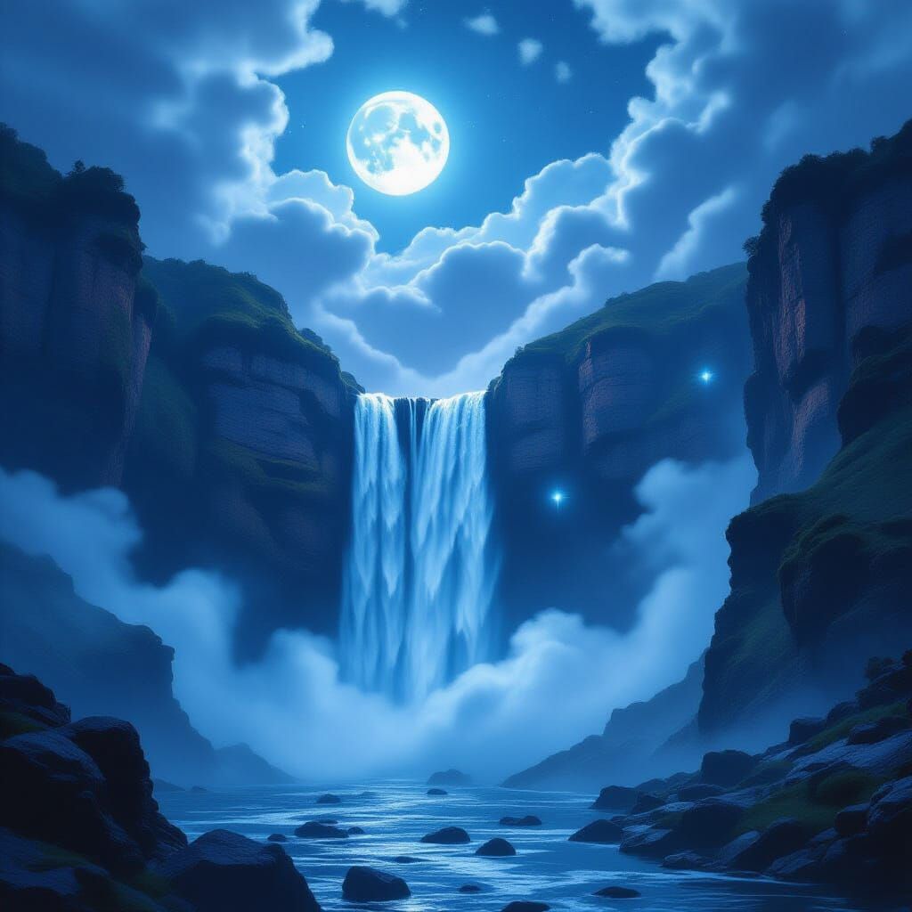 Moonlit Waterfall with Crystalline Cliffs