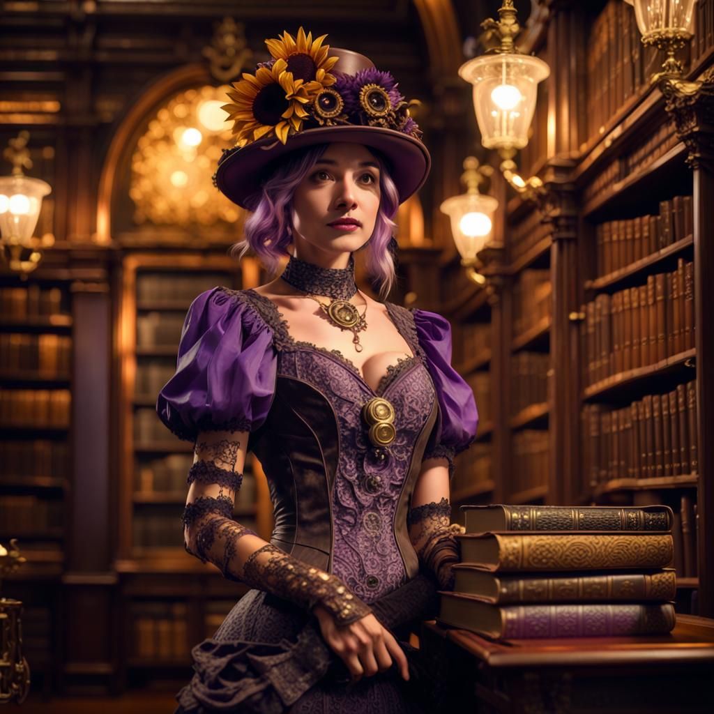 Woman in Steampunk Gown in Ornate Library