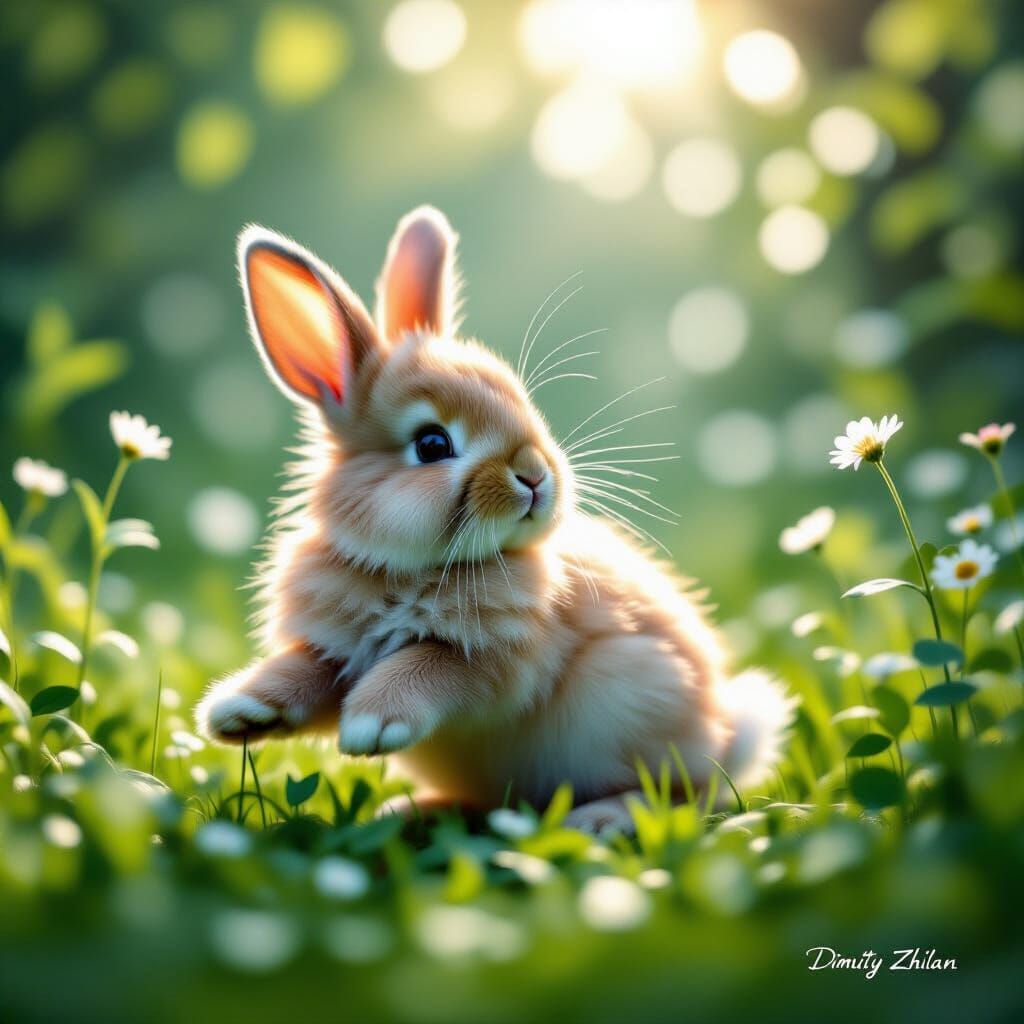 Fluffy Bunny Wakes on Dewy Spring Morning