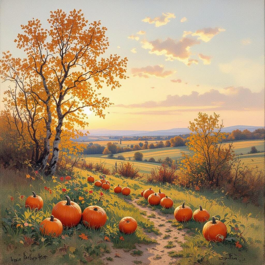 Autumn Birches and Pumpkins at Sunset: Watercolor Style