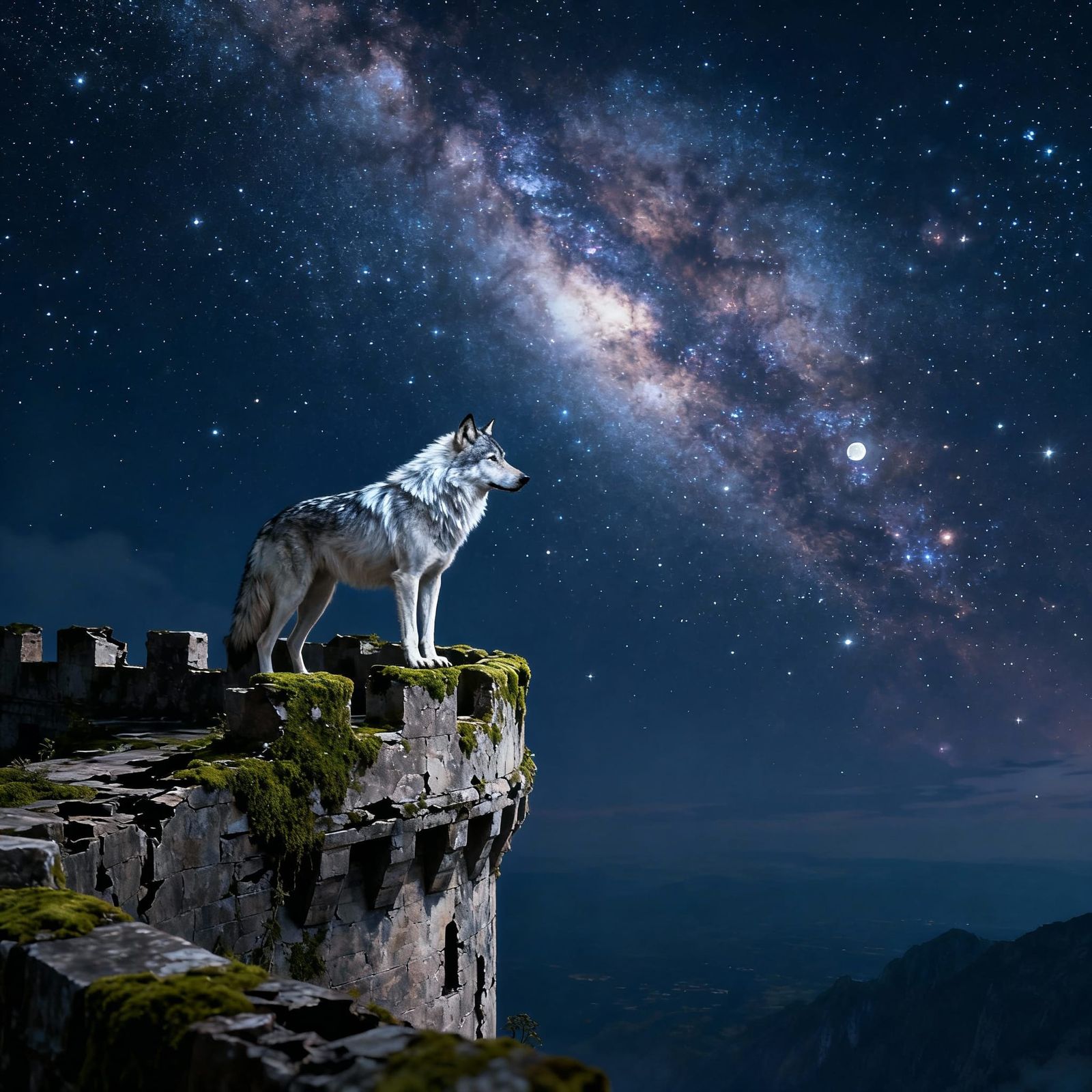 Lone Wolf on Castle Battlement Under Starry Nebula