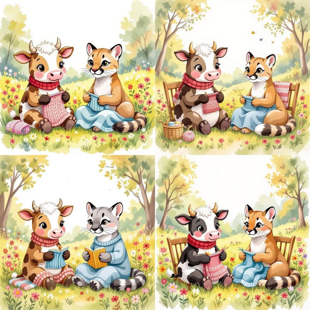 Cow and Puma Friends at Knitting Club in Meadow