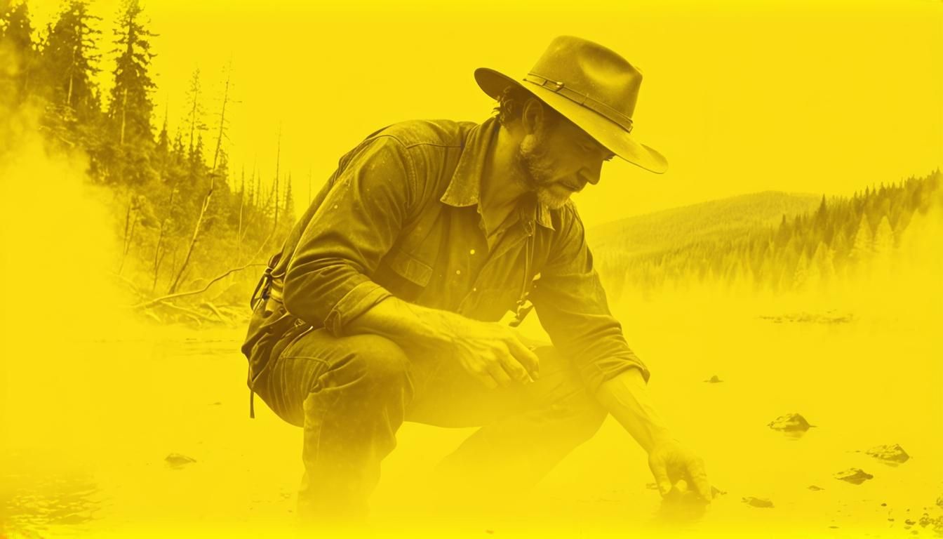 Film Noir Prospector Pans for Gold in Misty Forest