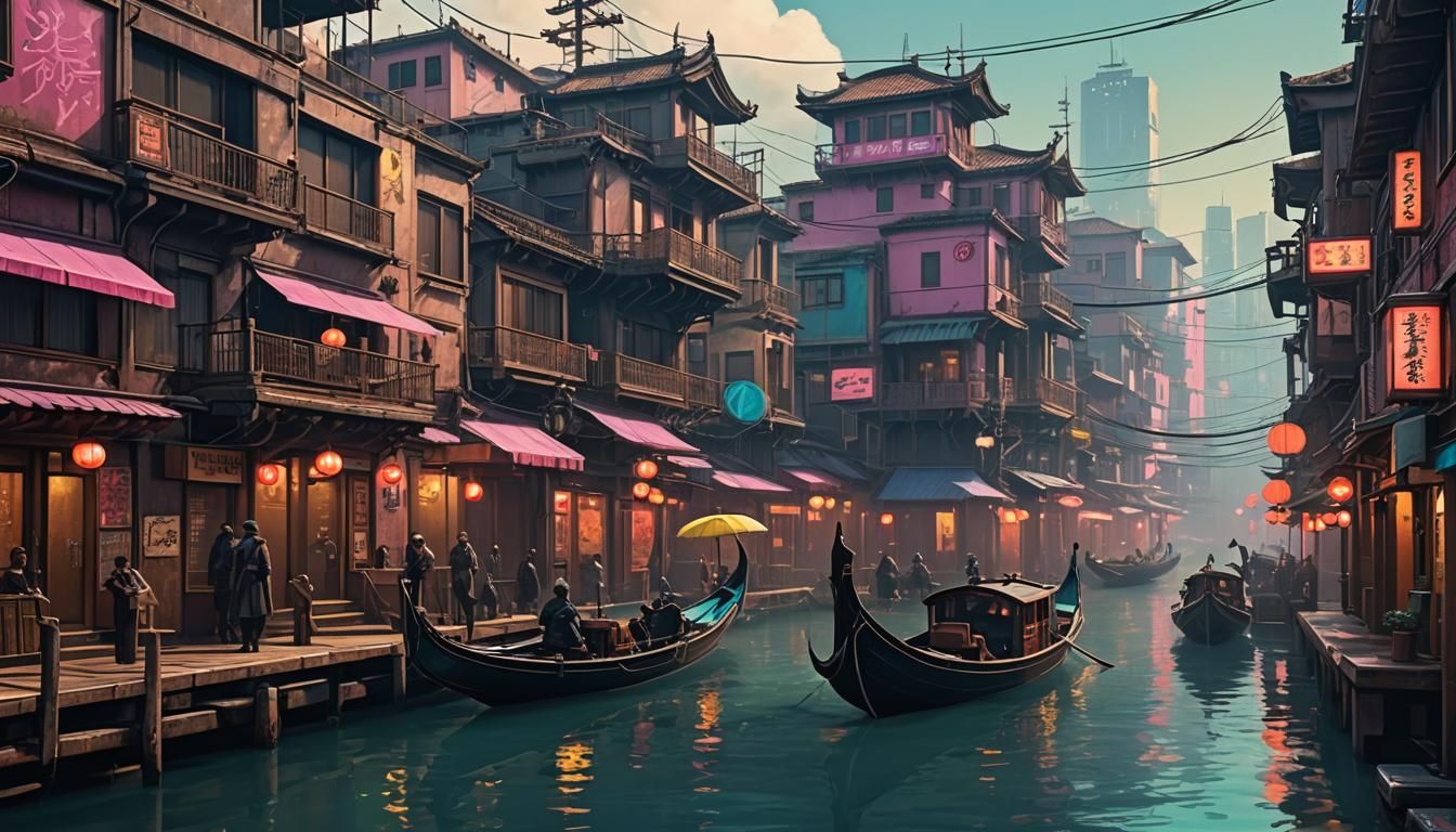 Steampunk Gondola in Cyberpunk Venice, Japan