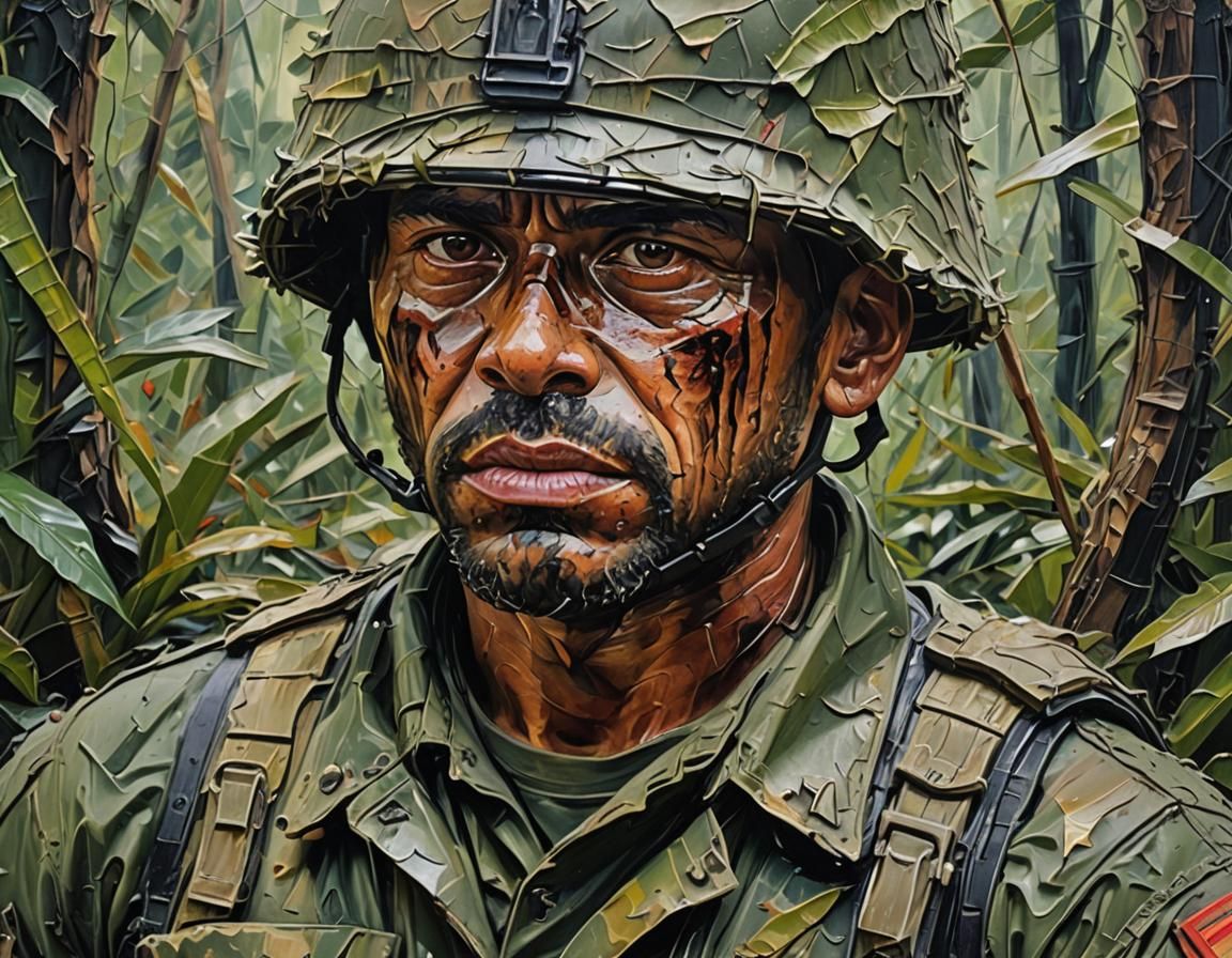 Intense Jungle Warfare Soldier Portrait as Impasto