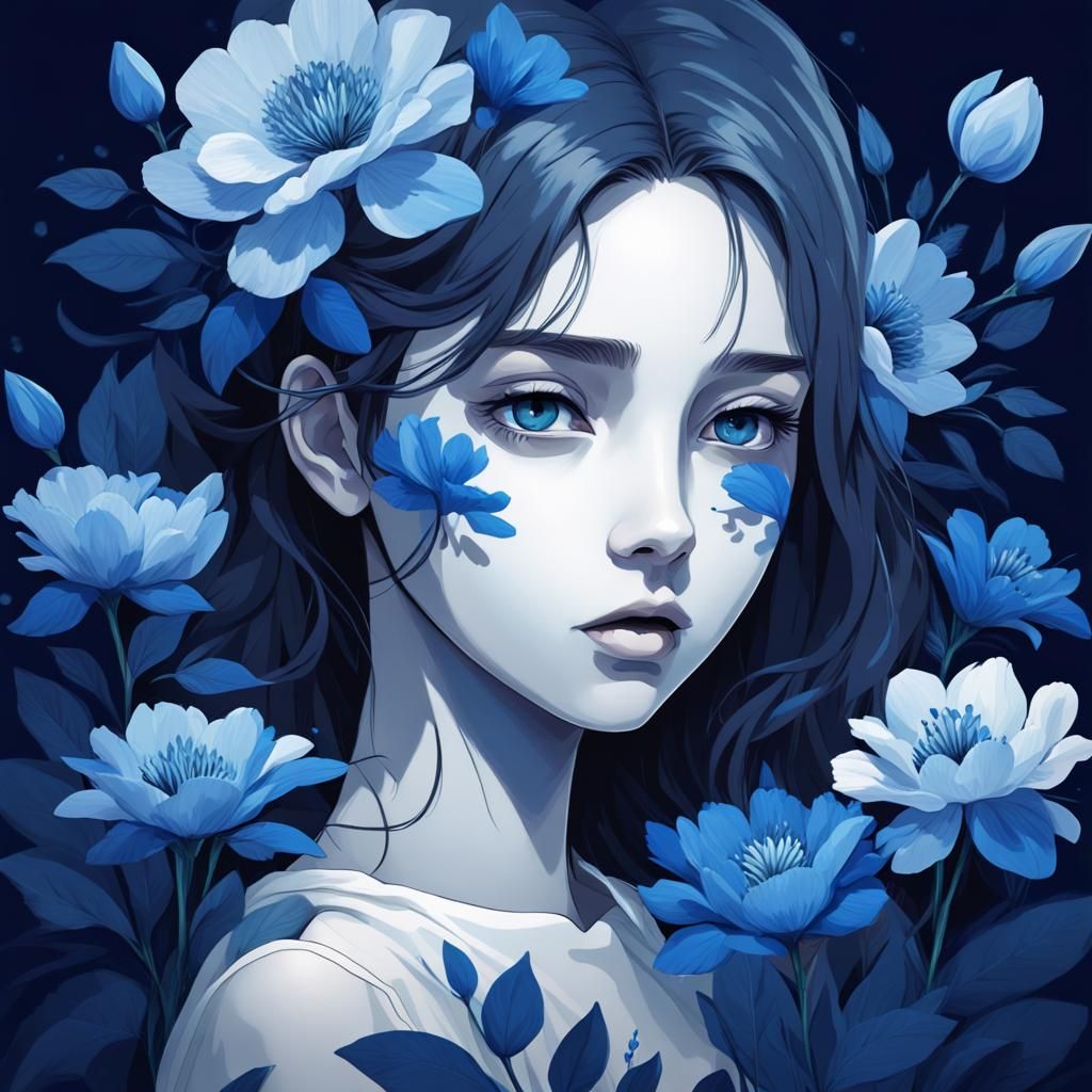 Girl with Blue Flowers in Monochromatic Anime Style