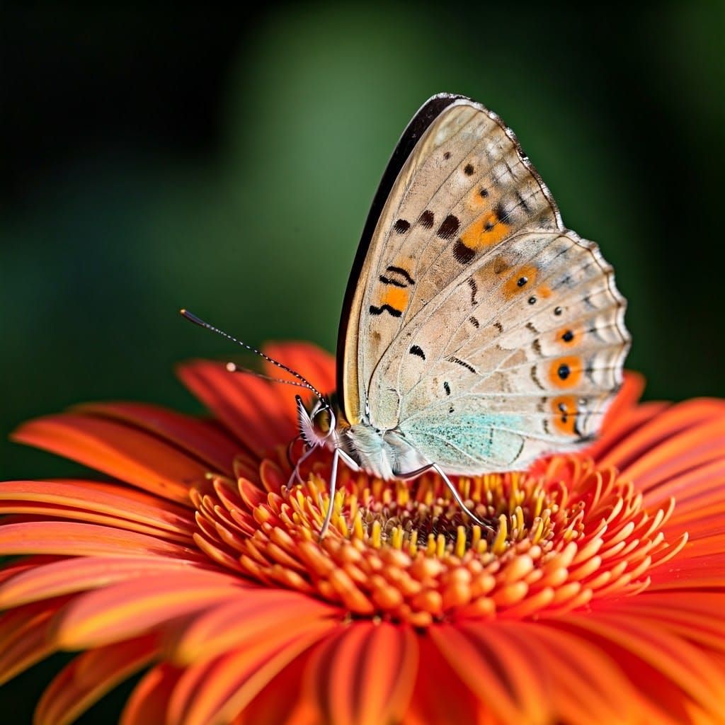 Iridescent Butterfly Perched on a Vibrant Gerbera Flower