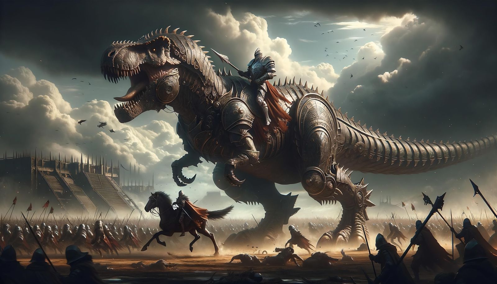 Armored Battletitan Dinosaur Knight in Epic Fantasy Style