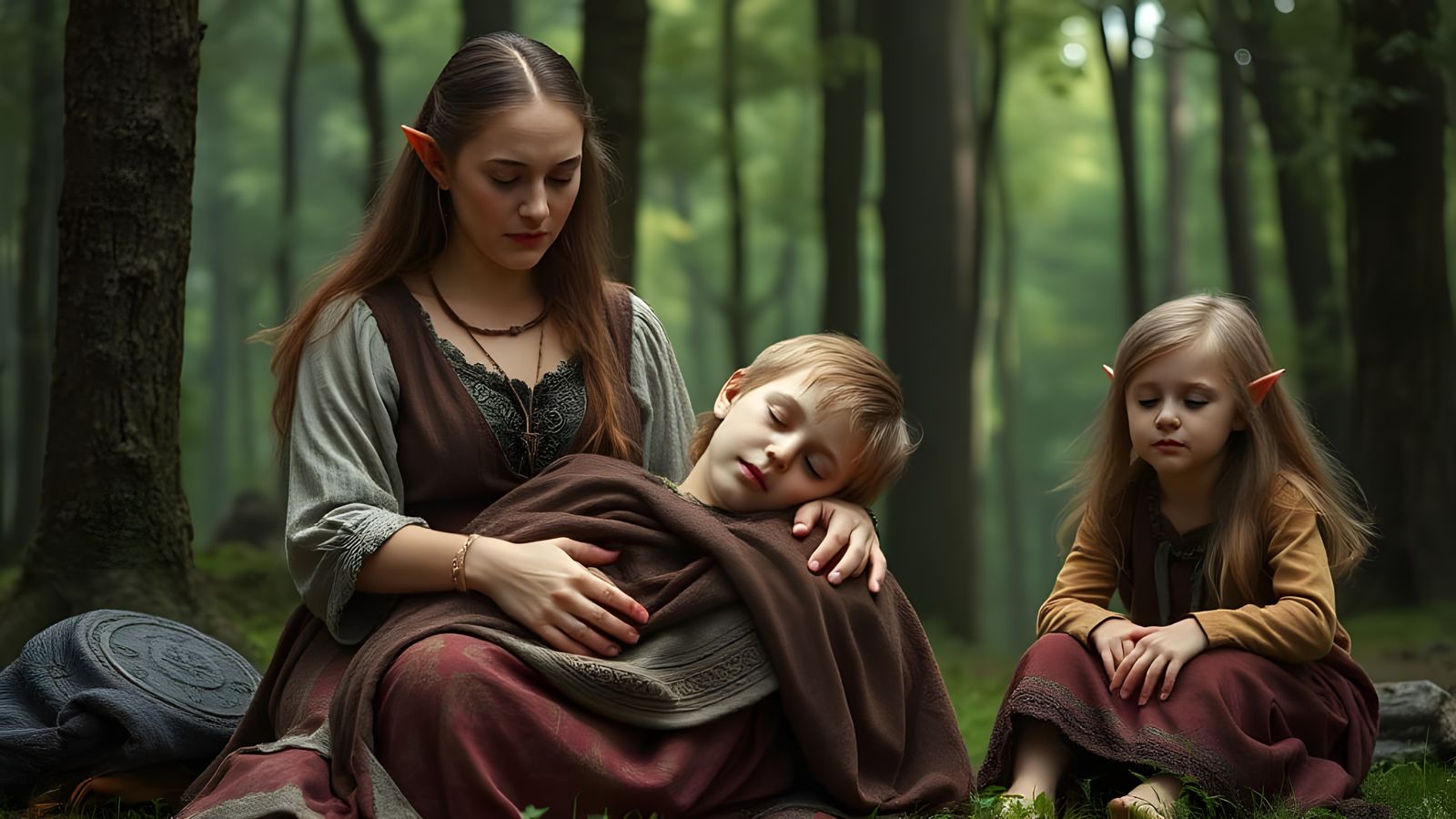 Elvish Mother and Children in Forest Setting