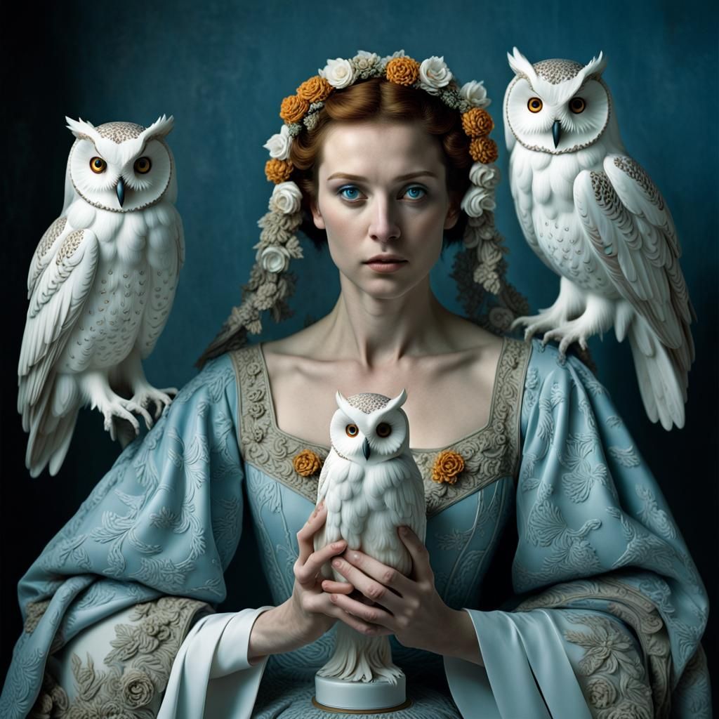 Ethereal Woman with Owls in Northern Renaissance Style
