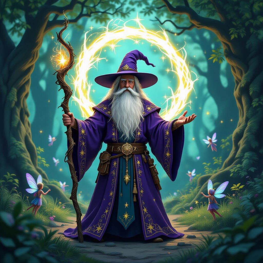 Wise Wizard Opens Portal in Enchanted Forest