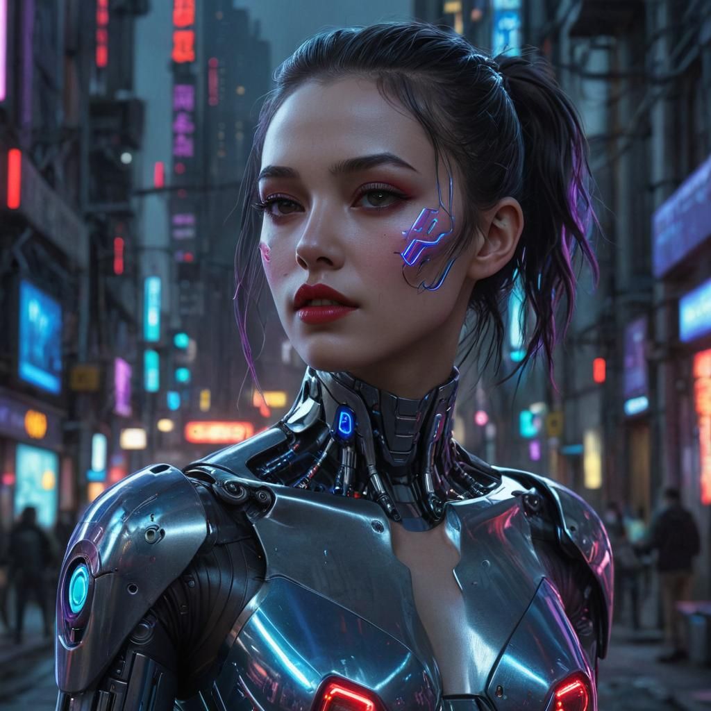 Cyberpunk Robot Girl in Futuristic Cityscape