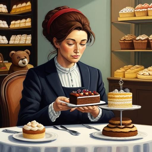Woman and Teddy Bear Enjoying Cake: Gouache Painting