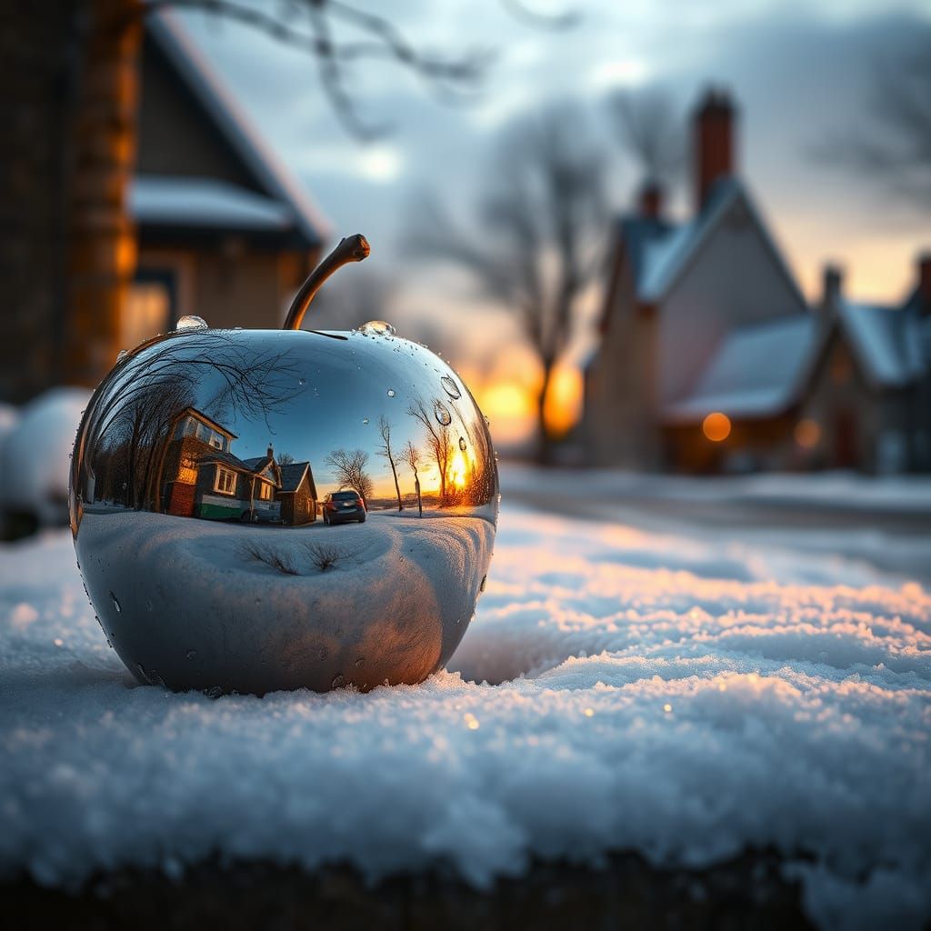 Winter Village Reflected in Polished Chrome Apple