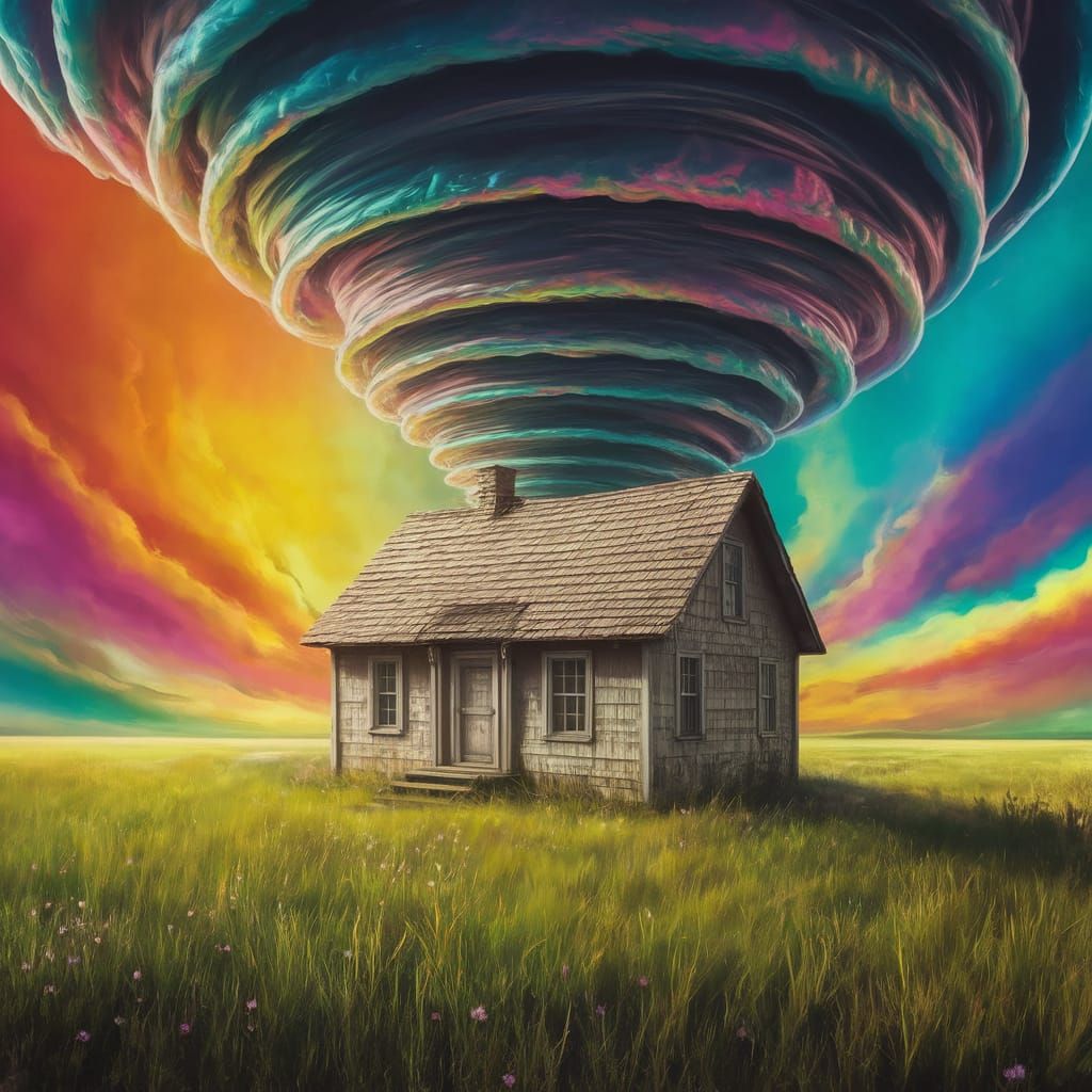 Surreal Tornado Sweeps Up Rustic House in Vibrant Dreamlike ...