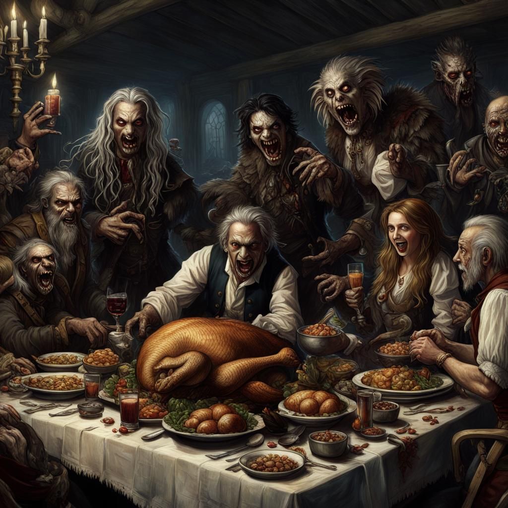 Thanksgiving with zombies and werewolves drunken; 3DEXCITE IMAX 18th century atlas astral hyperdetailed horror fantasy #...