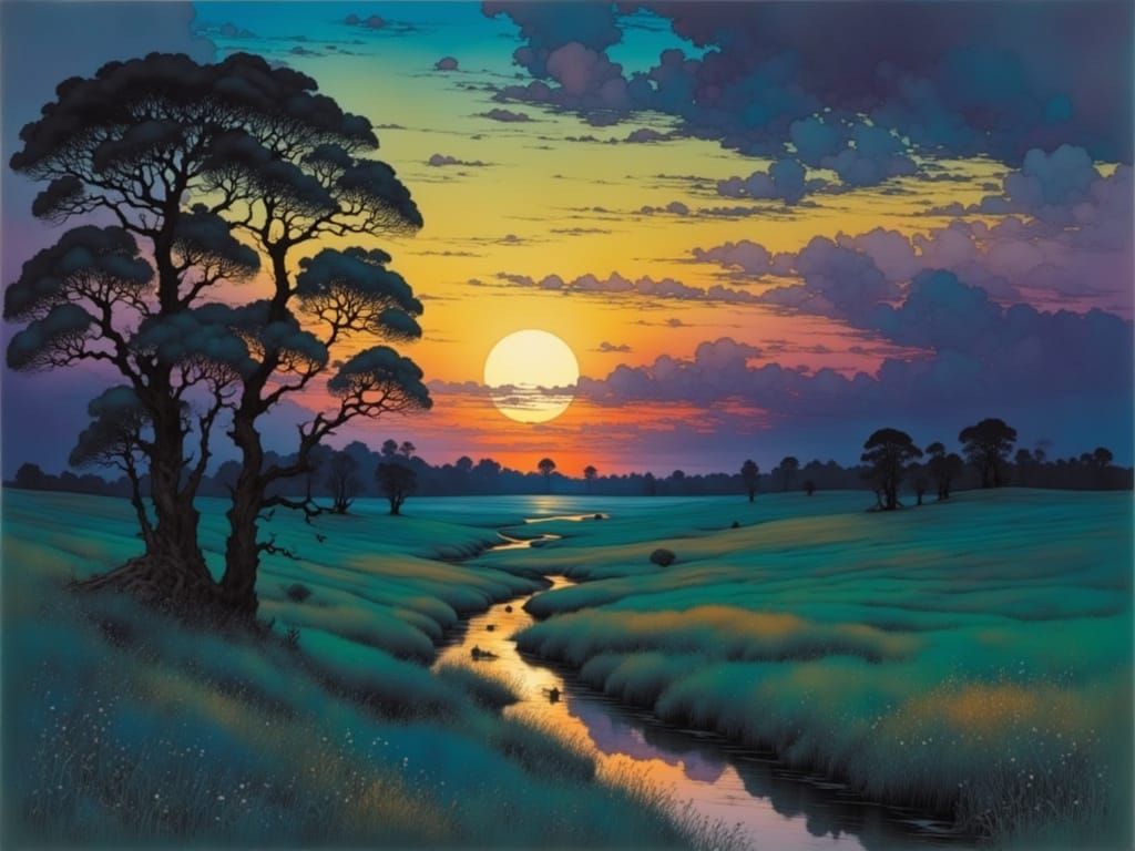 Eerie Dusk Lake Scene with Old Oaks in Beksiński Style