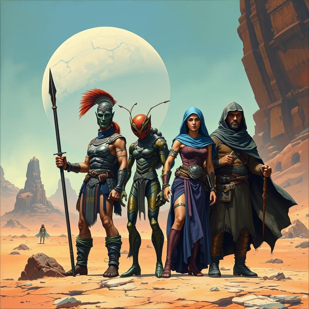 Epic Fantasy Scene: Athasian Warriors and Merchant in Scorch...