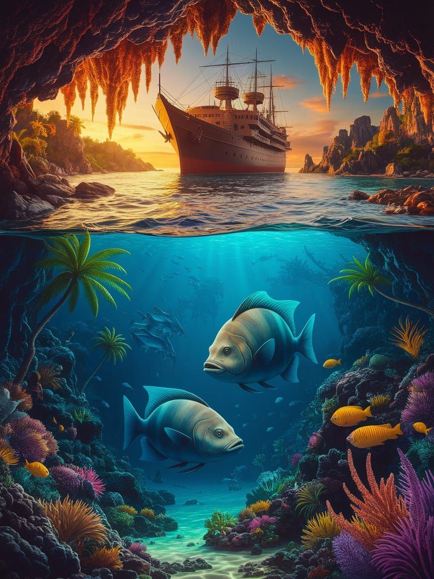 Colossal Fortress Ship in Sunset Archipelago with Underwater...