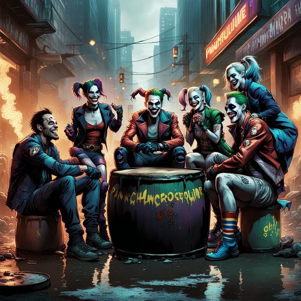 Joker Laughing with Gang: Comic Book Style