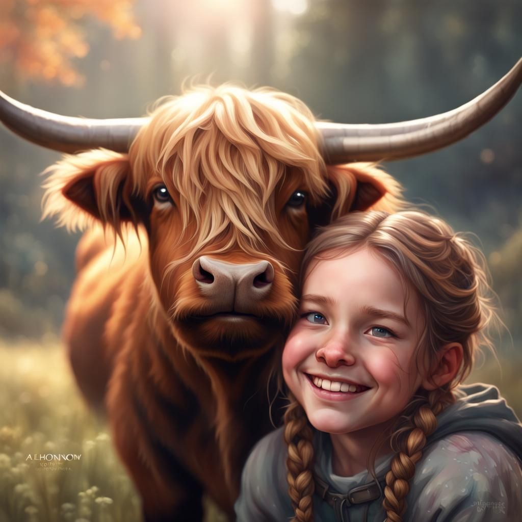 Girl with Highland Cow Portrait, Hyperdetailed Art