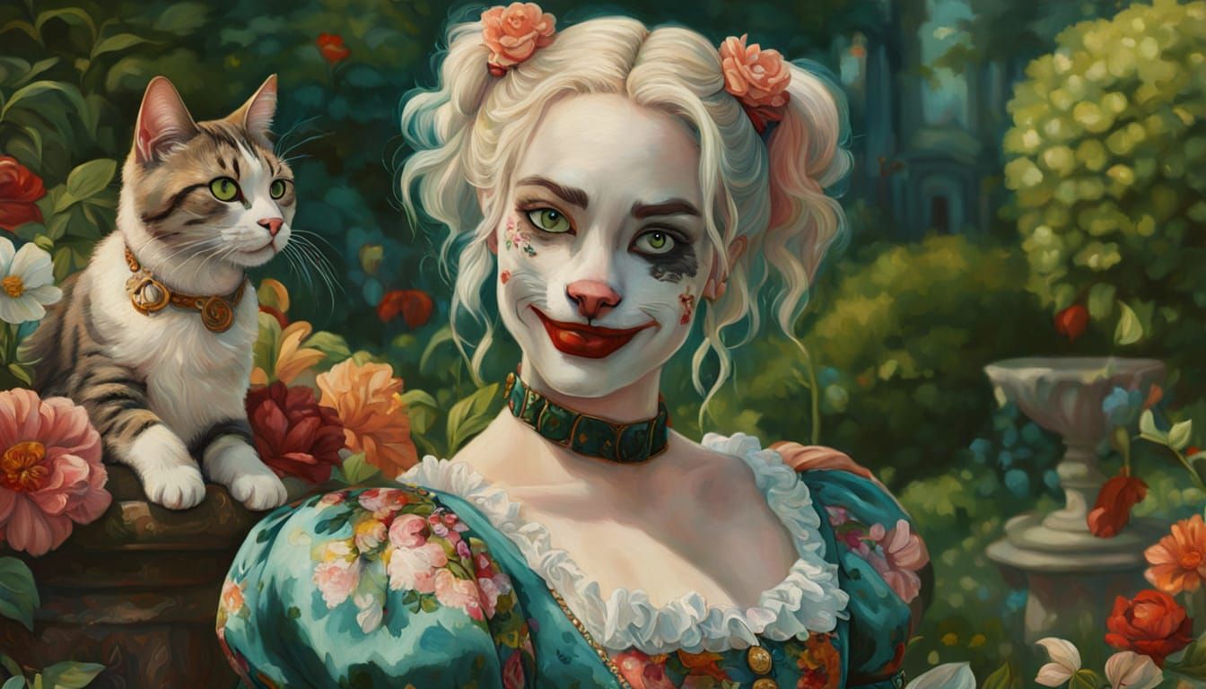 Rococo Portrait of Harley Quinn with Cat