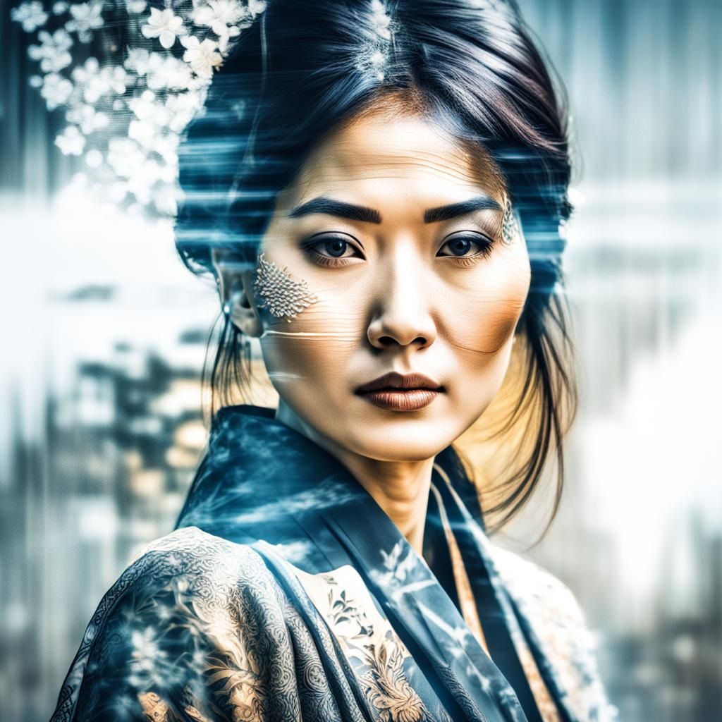 Hyperrealistic Double Exposure Portrait of Asian Woman