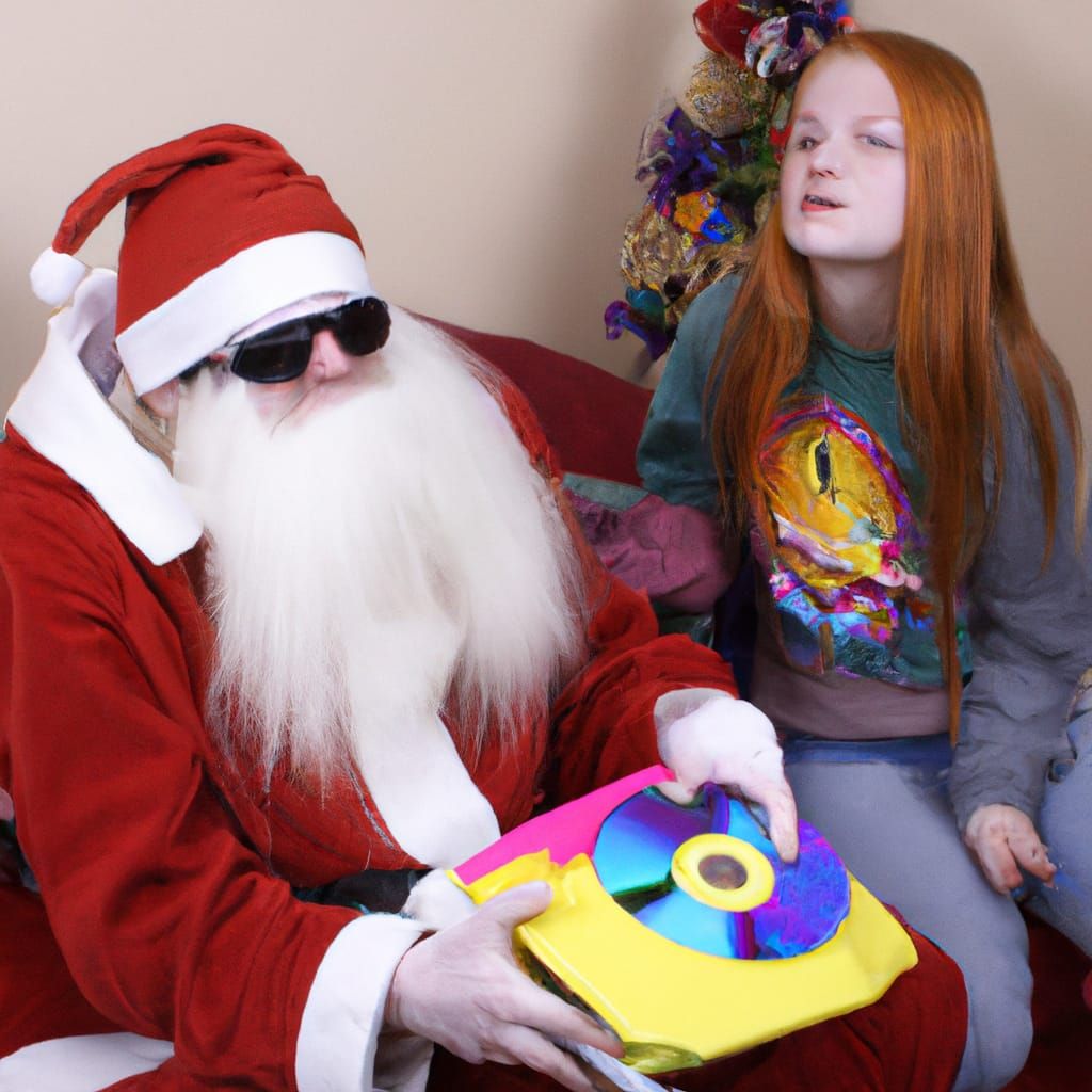 Santa Claus Giving CDs to Redhead Girl