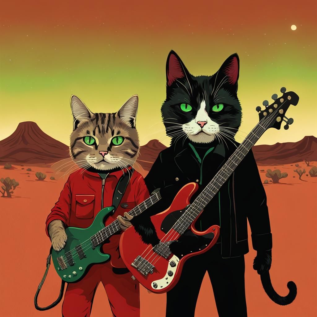 Cats Playing Guitars on Mars in Digital Art Style