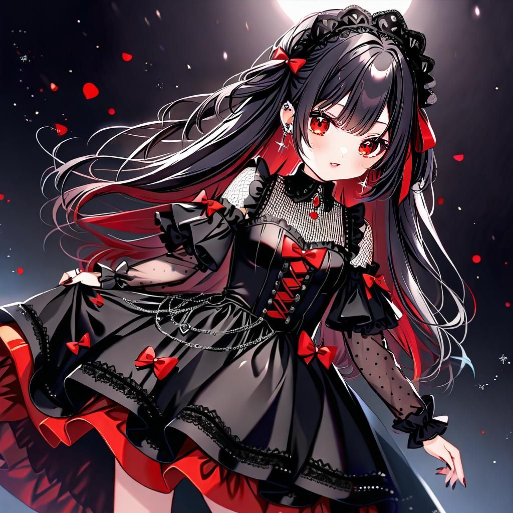 Cute Gothic Girl in Black Lace Dress