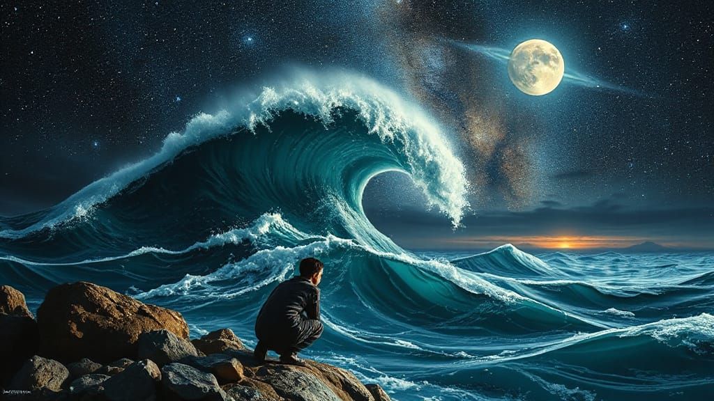 Surreal Sea Wave Over Starry Dreamscape