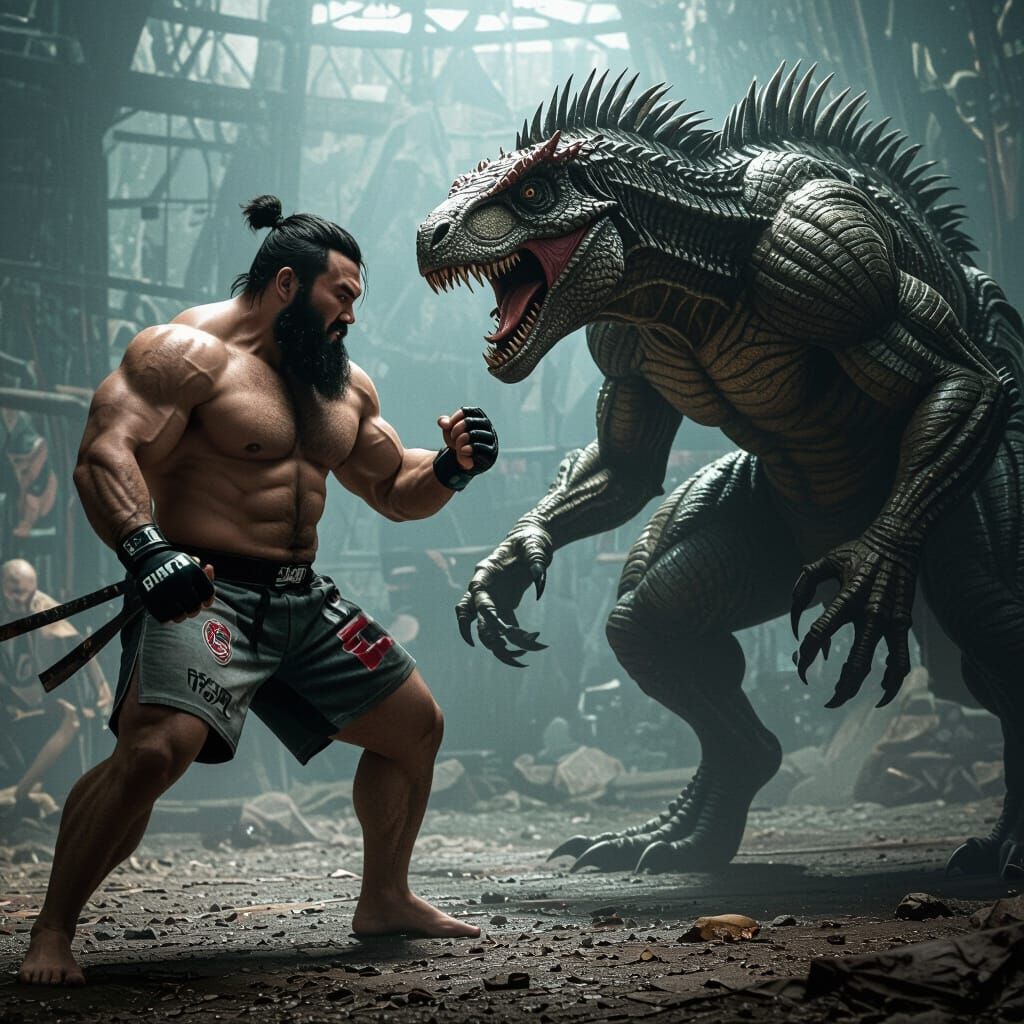 Muscular Japanese Warrior Battles Terrifying Creature