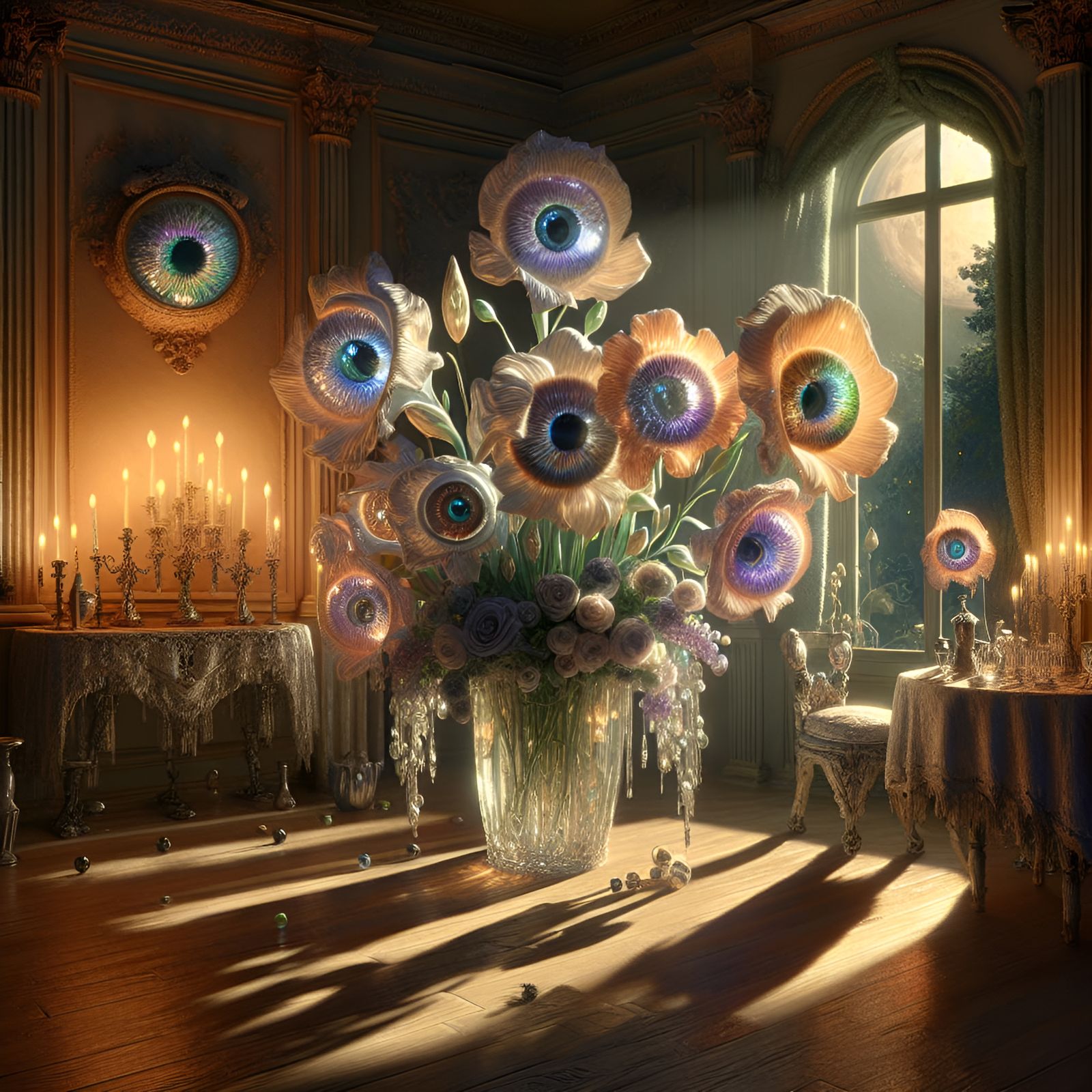 Shimmering iris, intricate reflections; room in soft moonlight, subtle shadows; Ultra-detail eyes, blurred room backdrop...