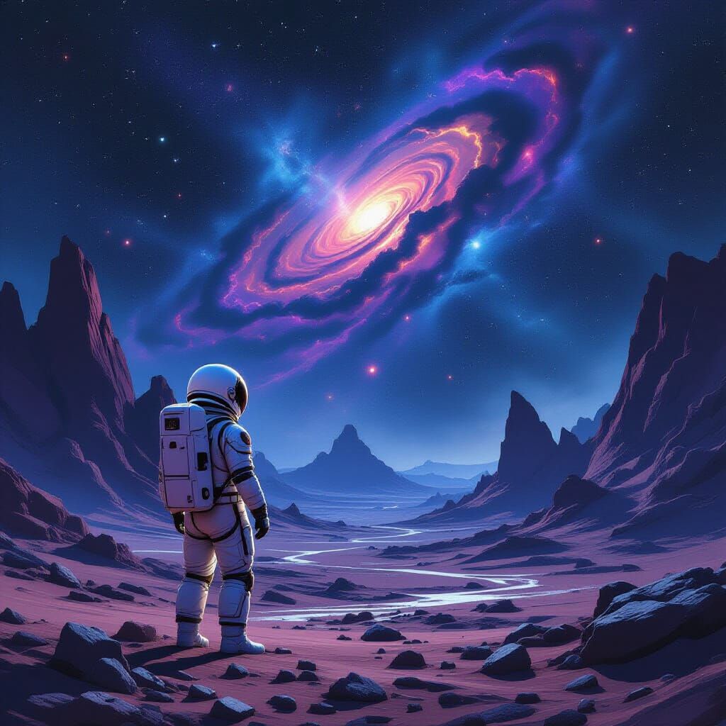 Astronaut Gazes at Nebula on Alien Planet in Matte Painting ...