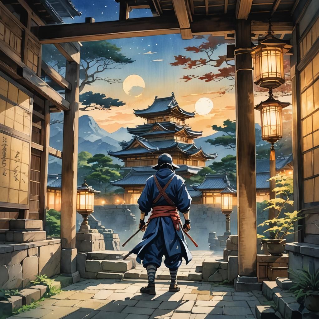 Ninja Sneaking in Castle: Japanese Watercolor Concept Art