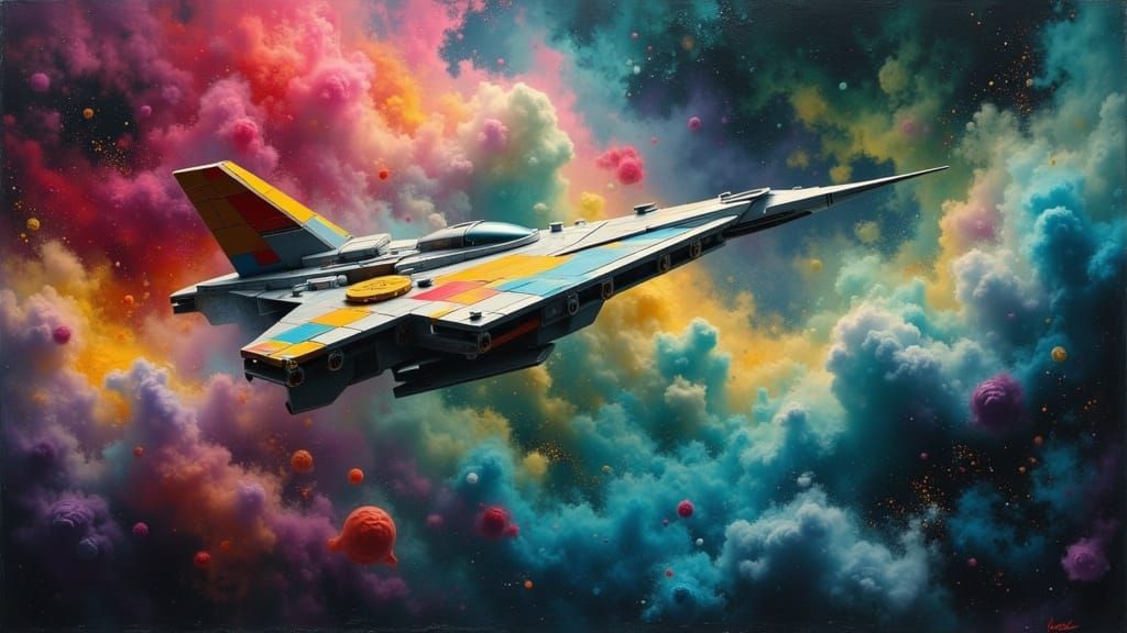 Retrofuturistic Lego Spaceship in Cosmic Oil Paint Style