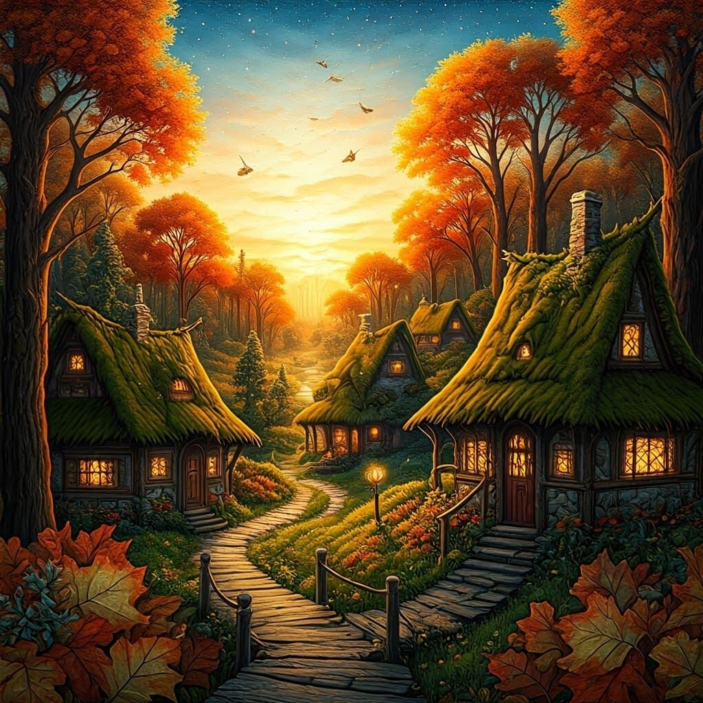 Autumn Fairy Village in Golden Light