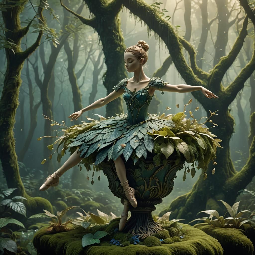 Leaf Ballerina Dances in Mystical Forest, Art Nouveau