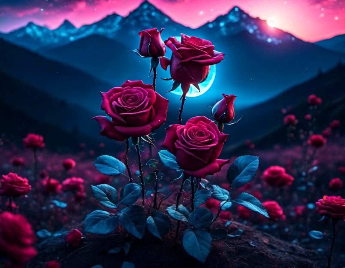 Moonlit Red Roses in Heart Flower Field