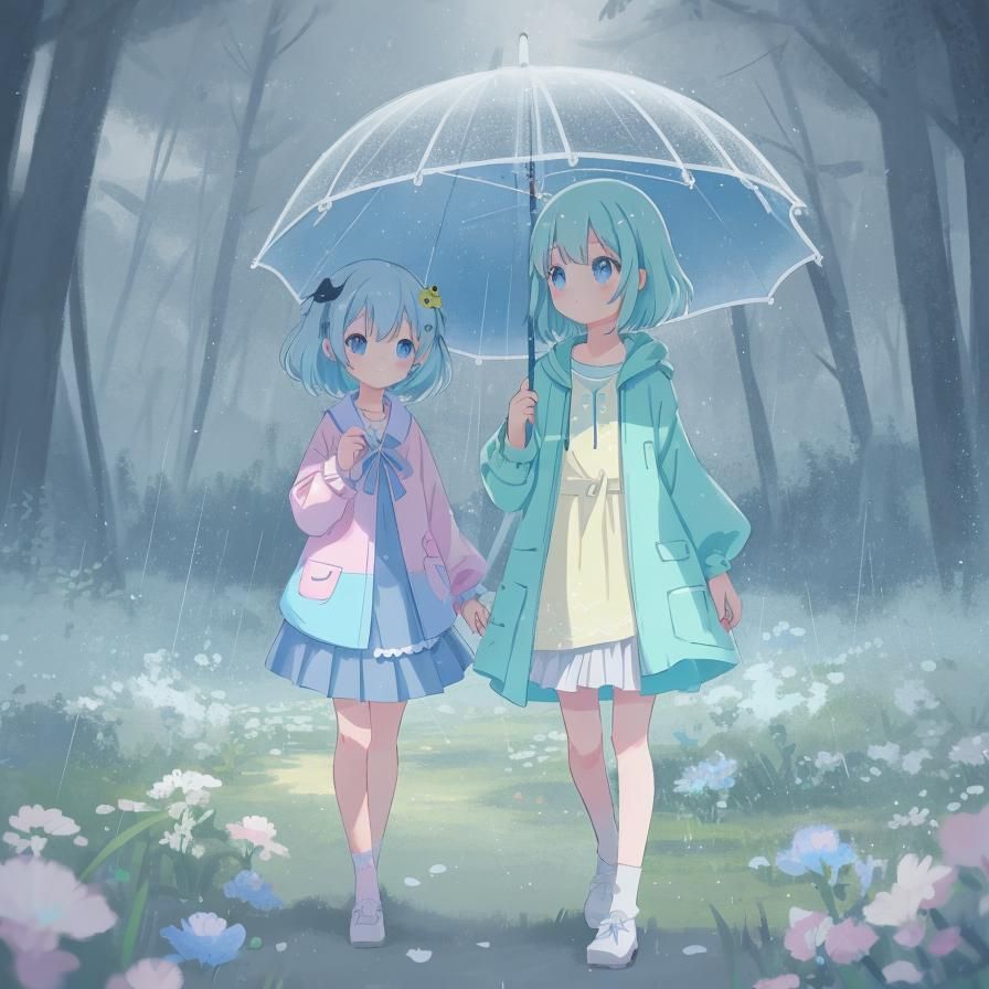 Anime Girl in Pastel Raincoat with Umbrella