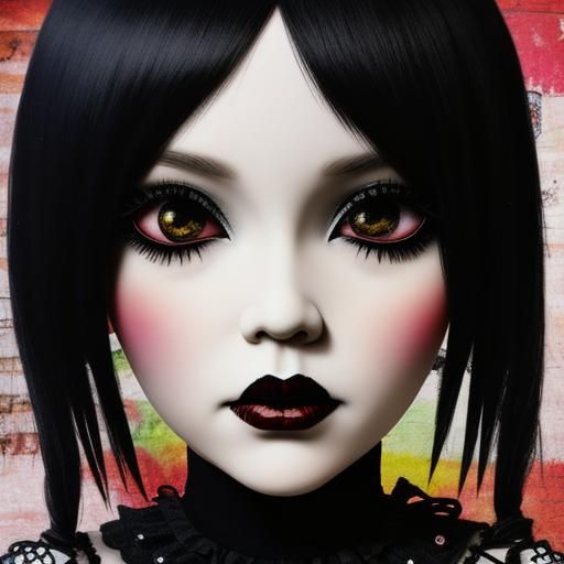 Chibi goth doll by terry runyan, by elise gravel, by sally payne; collage art; mixed media; folk art; altered art;