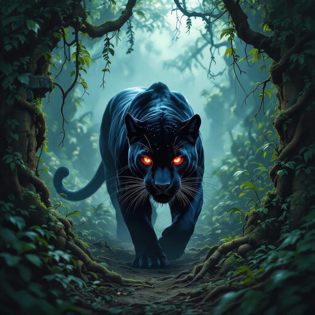 Obsidian Panther in Dark Fantasy Jungle Ruins