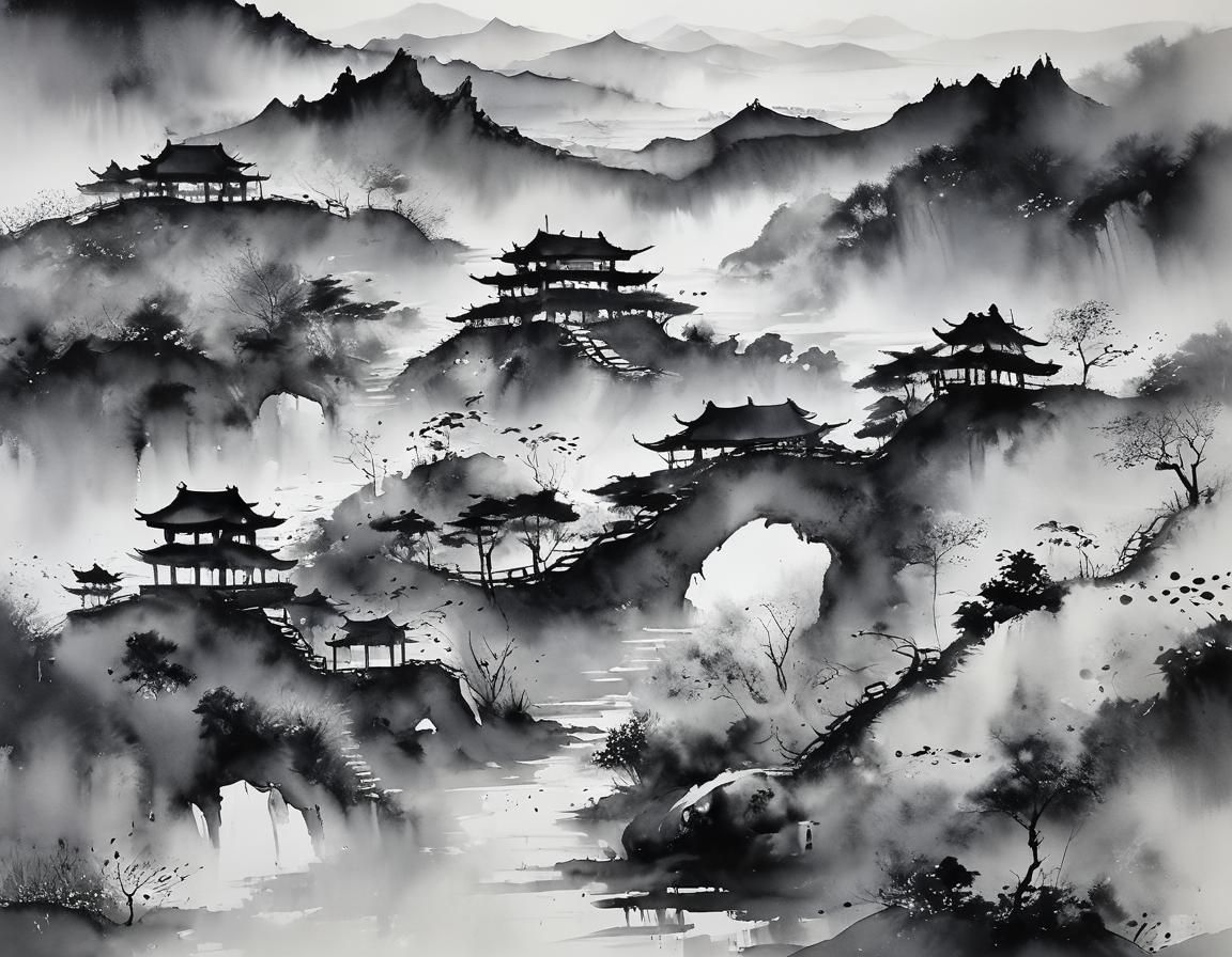 Minimalist Black and White Chinese Watercolor Landscape