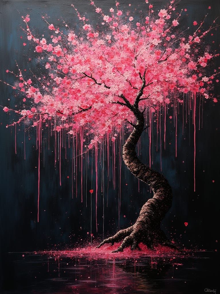 Surreal Cherry Blossom Explosion in Dripping Paint