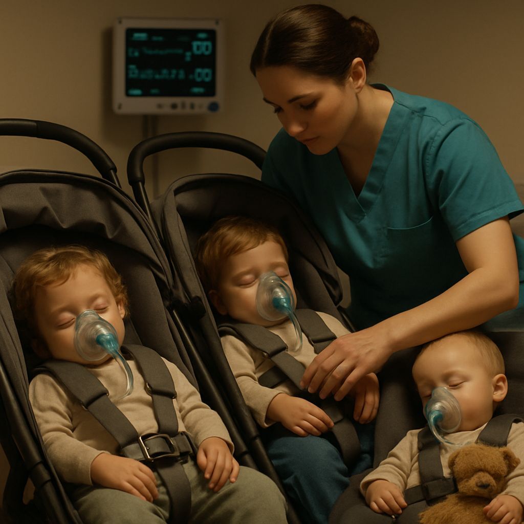 Peaceful Toddlers in Strollers with Nurse
