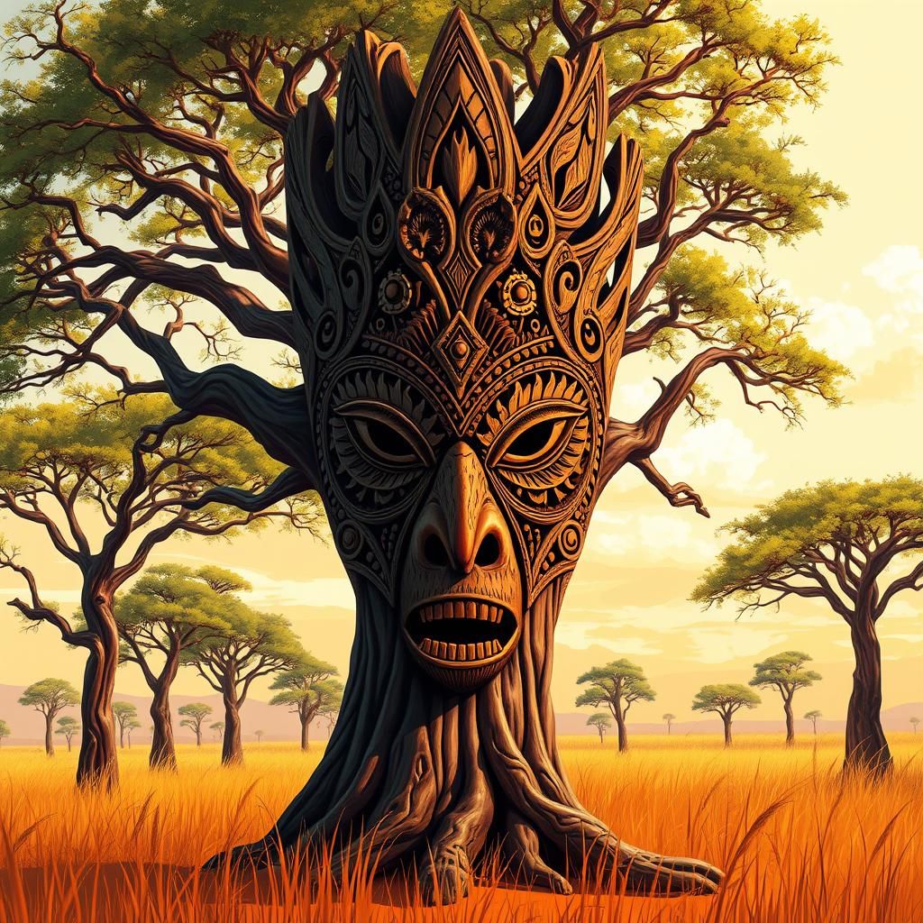 Savannah Tree Carved as Ornate African Mask